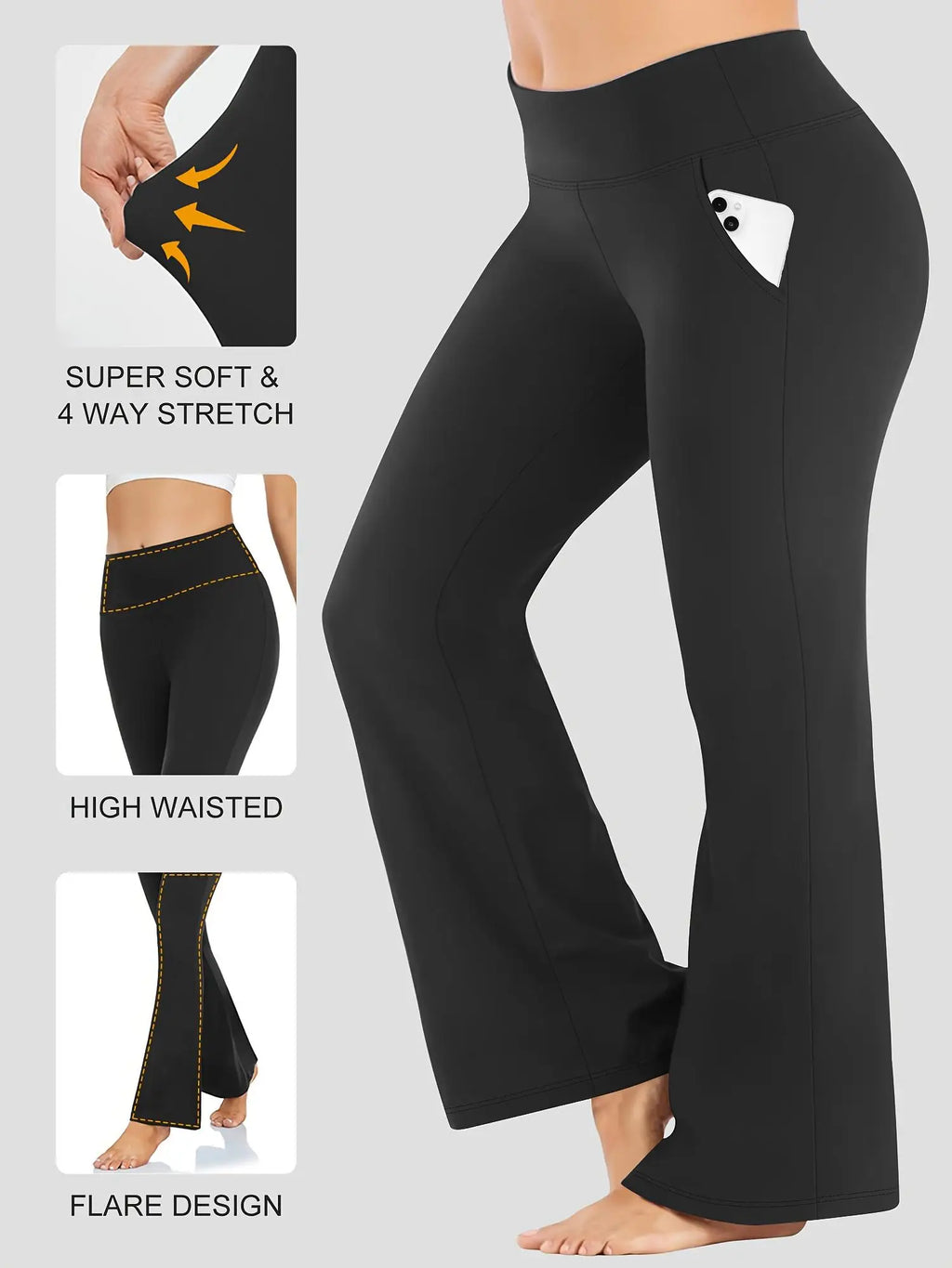 Women's Black High-Waisted Flared Pants - Soft Elastic Trousers with Pockets, Comfortable Fit, Elegant, Casual Wear no fleece