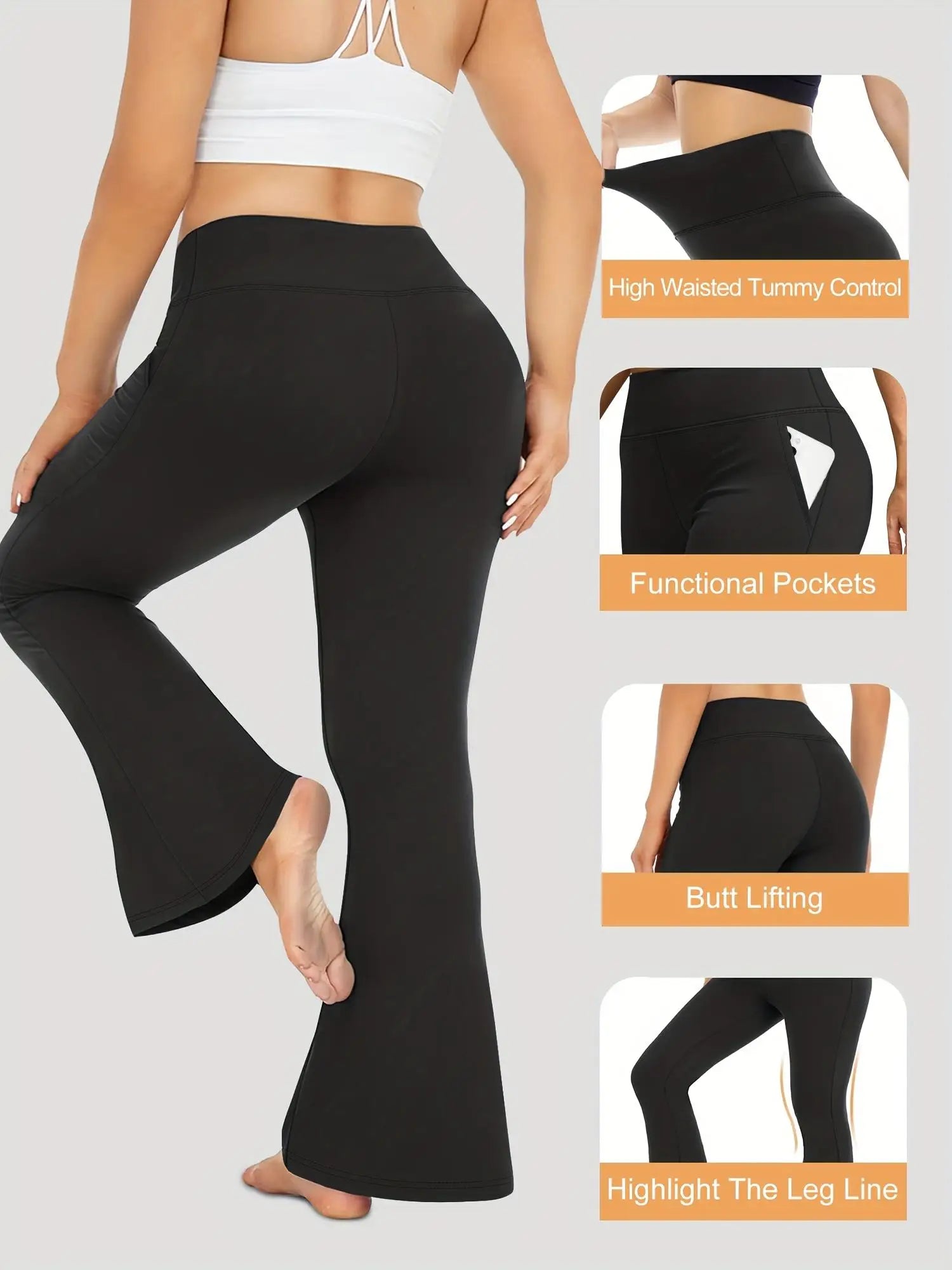 Women's Black High-Waisted Flared Pants - Soft Elastic Trousers with Pockets, Comfortable Fit, Elegant, Casual Wear no fleece