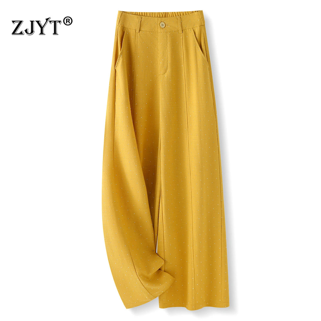 ZJYT Casual Women's Pants and Trousers Diamonds Wide Leg Loose Elegant Bottoms Plus Size Female Clothing Elastic Waist Pants