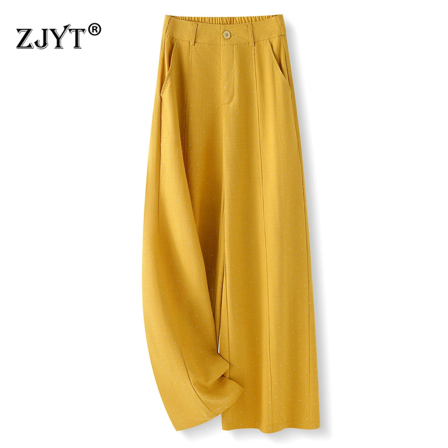 ZJYT Casual Women's Pants and Trousers Diamonds Wide Leg Loose Elegant Bottoms Plus Size Female Clothing Elastic Waist Pants